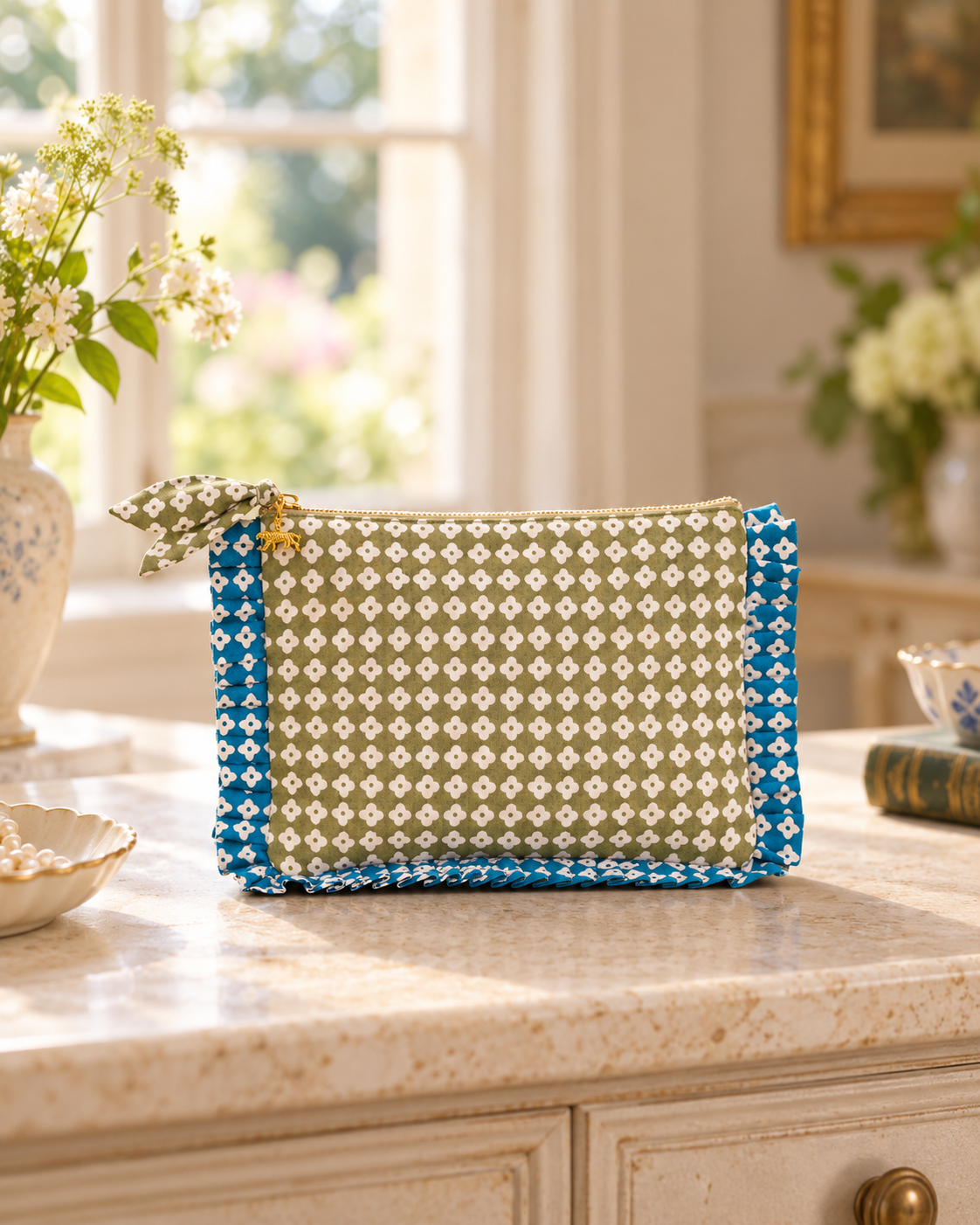 Green Dot Blossom Frill Everyday Pouch