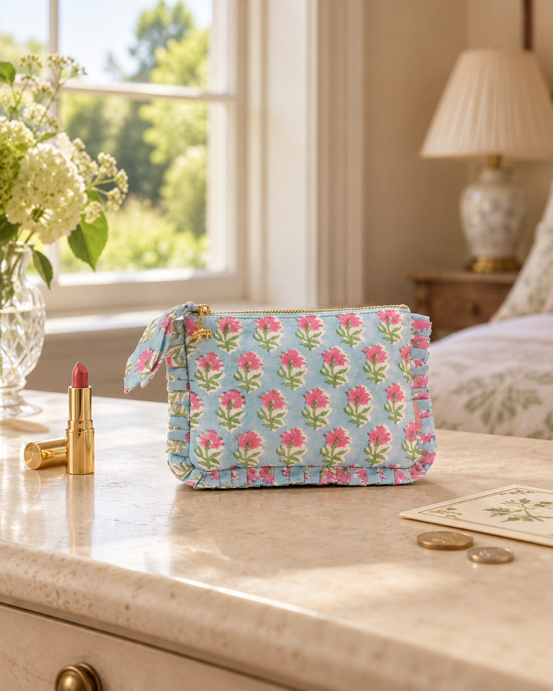 Blue Buta Frill Mini Pouch