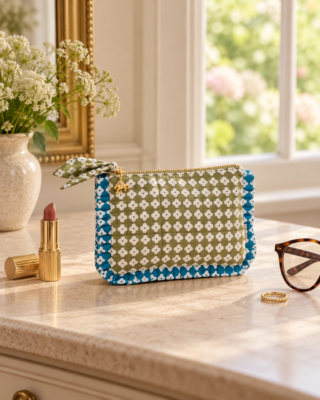 Green Dot Blossom Frill Mini Pouch