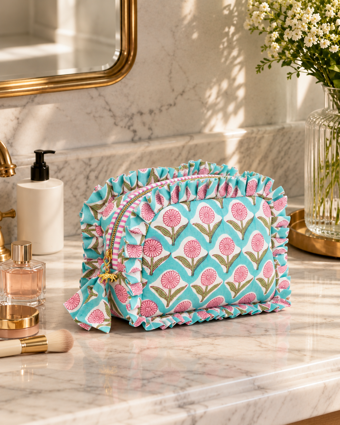 Aqua Daisy Frill Makeup Bag
