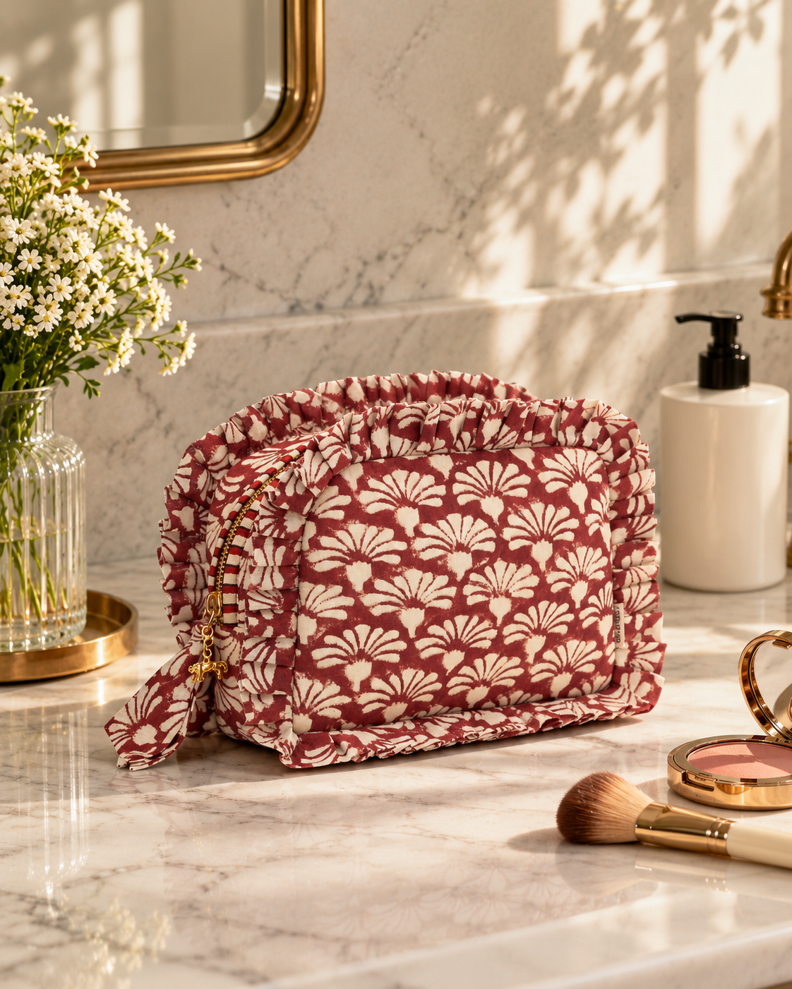 Burgundy Shankh Phool Frill Makeup Bag