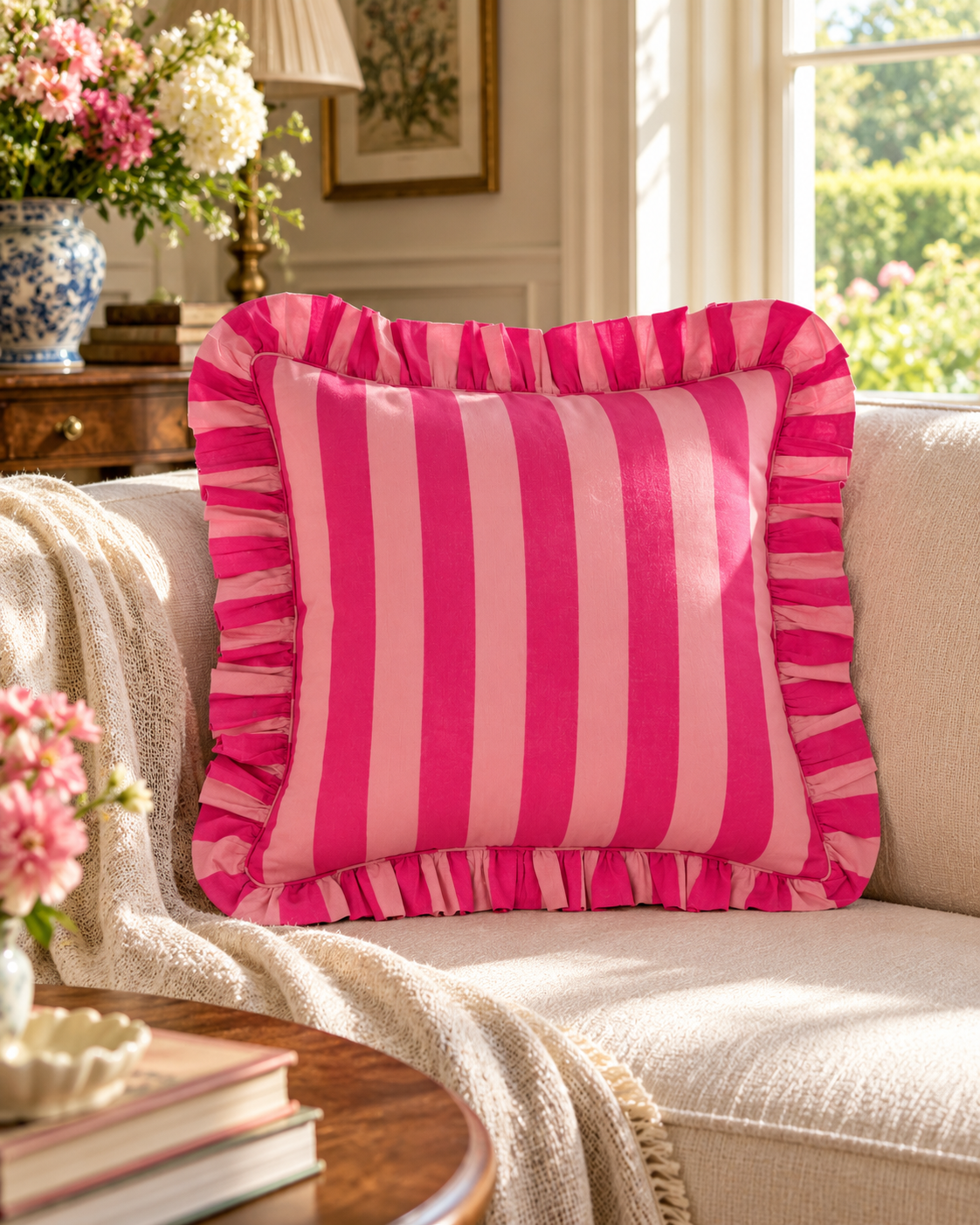 Peach & Pink Striped Ruffle Cushion Cover