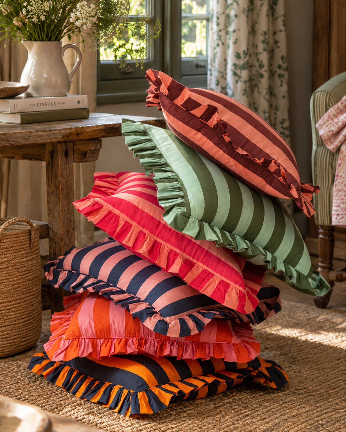 Peach & Pink Striped Ruffle Cushion Cover